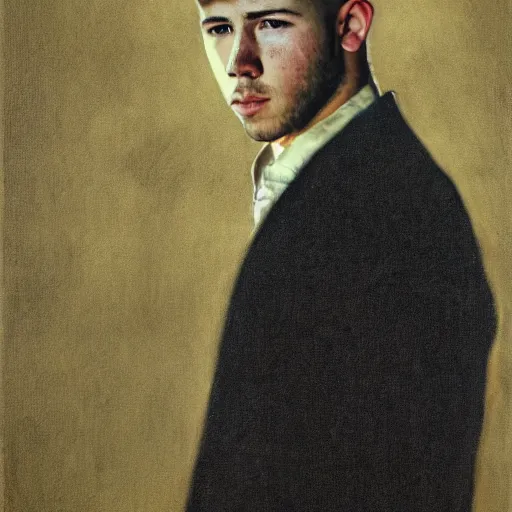 Image similar to high quality, high detail, realistic portrait of nick jonas, painted by andrew wyeth, dramatic lighting, cinematic composition