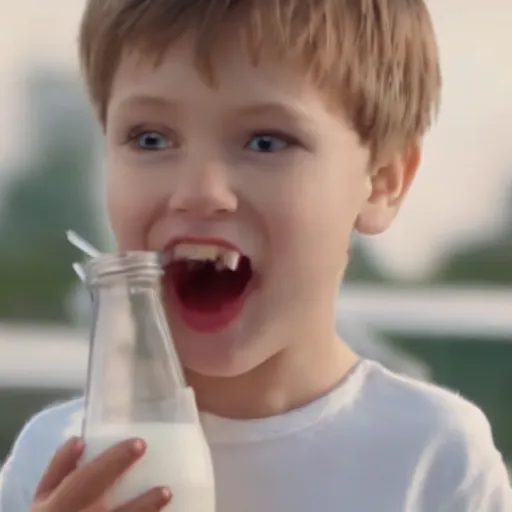 Image similar to milk commercial, kid is holding a comically huge vessel of milk and failing to drink it