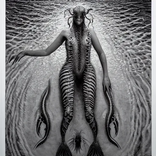 Prompt: By Jason deCaires Taylor, ultra realist soft painting of a fish and squid parade by night, beautiful dark eyed evil mermaid in full multiples tentacles bodysuit, symmetry accurate features, very intricate details, omnious underwater environment, black and white, volumetric light water