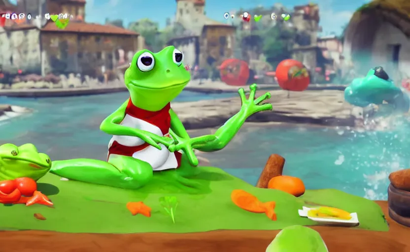 Prompt: ps 4 game about a cute frog chef in italy, unity screenshot,