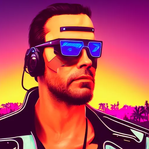 Prompt: 3 / 4 view closeup portrait of johnny silverhand from cyberpunk 2 0 7 7 with light blue shutter shades in front of a sunset, a dark purple leather jacket, vector art by jan tengnagel, pixabay contest winner, retrofuturism, retrowave, synthwave, outrun, portrait, synthwave