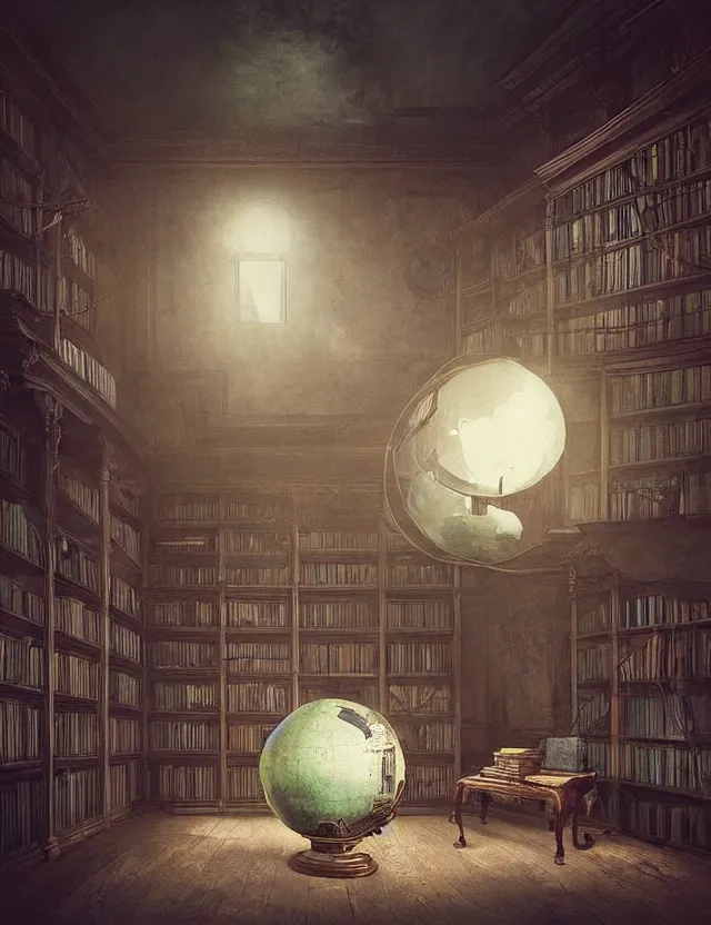 Prompt: “Disintegrated and abandoned library room in 18th century mansion. Large globe ball on the floor. Cinematic lighting, dark, highly detailed. Artstation. In style of Su Jeong Ahn”