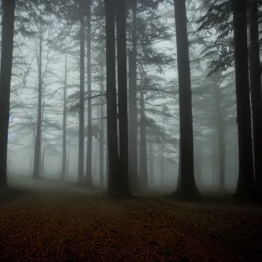 Prompt: Foggy forest at night, a dark and mysterious creature lurking in the distance, cinematic