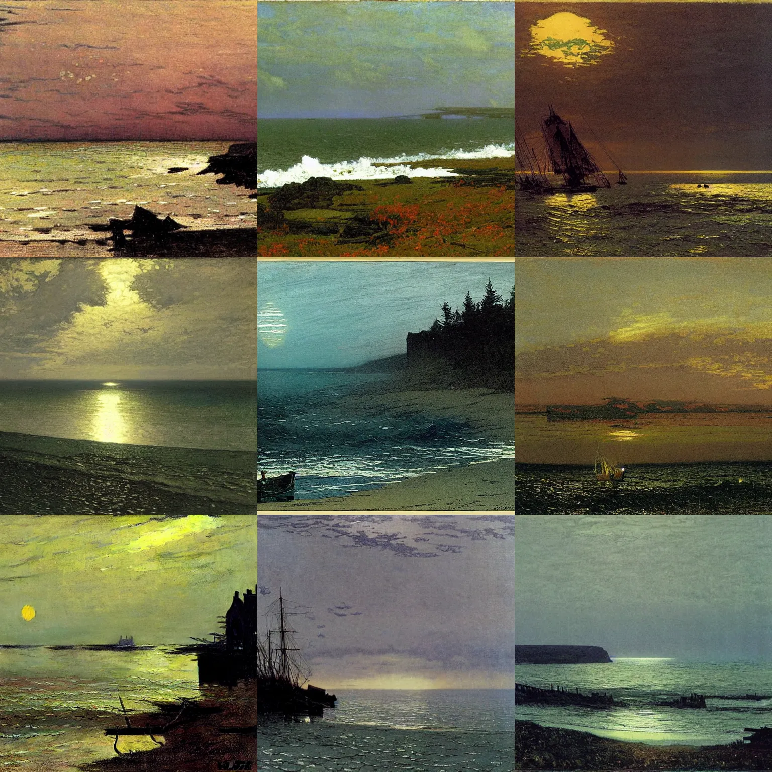Prompt: coast of maine, atmospheric, by john atkinson grimshaw and winslow homer