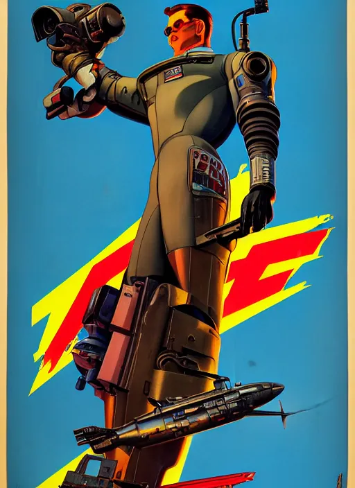 Image similar to american propaganda poster art. powerful cyberpunk pilot. portrait by jean giraud and anton otto fischer and john philip falter and will eisner and gil elvgren and pixar. full body. realistic proportions. science fiction d & d. overwatch, rb 6 s, cyberpunk 2 0 7 7, blade runner 2 0 4 9 concept art. cel shading. thick lines.