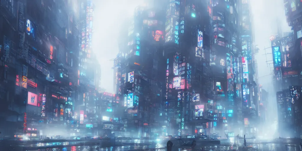 Image similar to Anime style Tokyo in fog, magic mist, cyberpunk buildings, digital concept art, cityscape, high resolution, trending on artstation, unreal engine