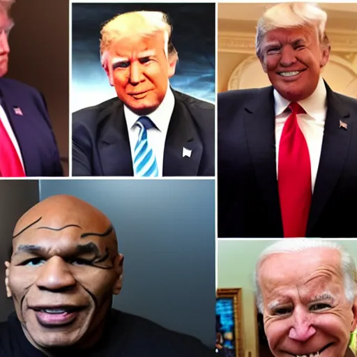 Image similar to a zoom meeting with mike tyson, donald trump, and joe biden.