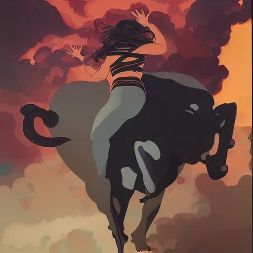 Image similar to Joshua Middleton comic art, A large black bison with fiery eyes, Bison God, thick black smoke, stormy skies, midnight, indigo, Ancient, a scene from the TV show, American Gods