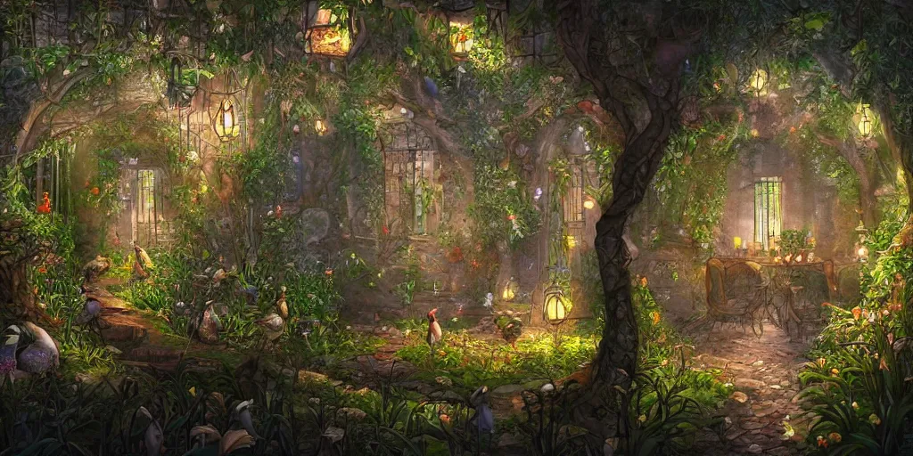 Prompt: secret garden, glass cover, birds and butterflies, fairy tale, evening lights, highly detailed, low angle view, artstation, mysterious, comfort, in the style of aetherpunk