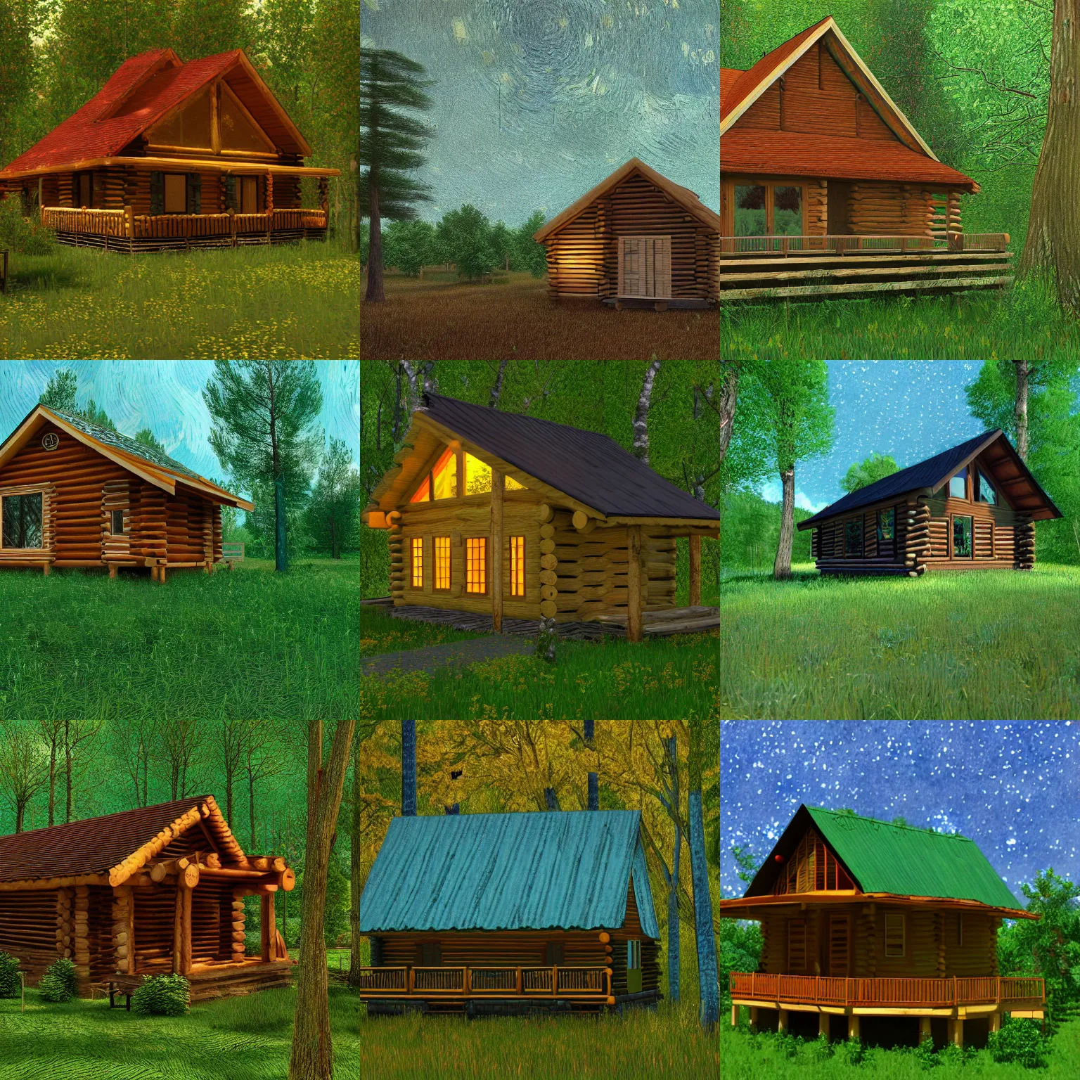 Prompt: [ a log cabin in the forest ] [ van gogh ] [ render ]