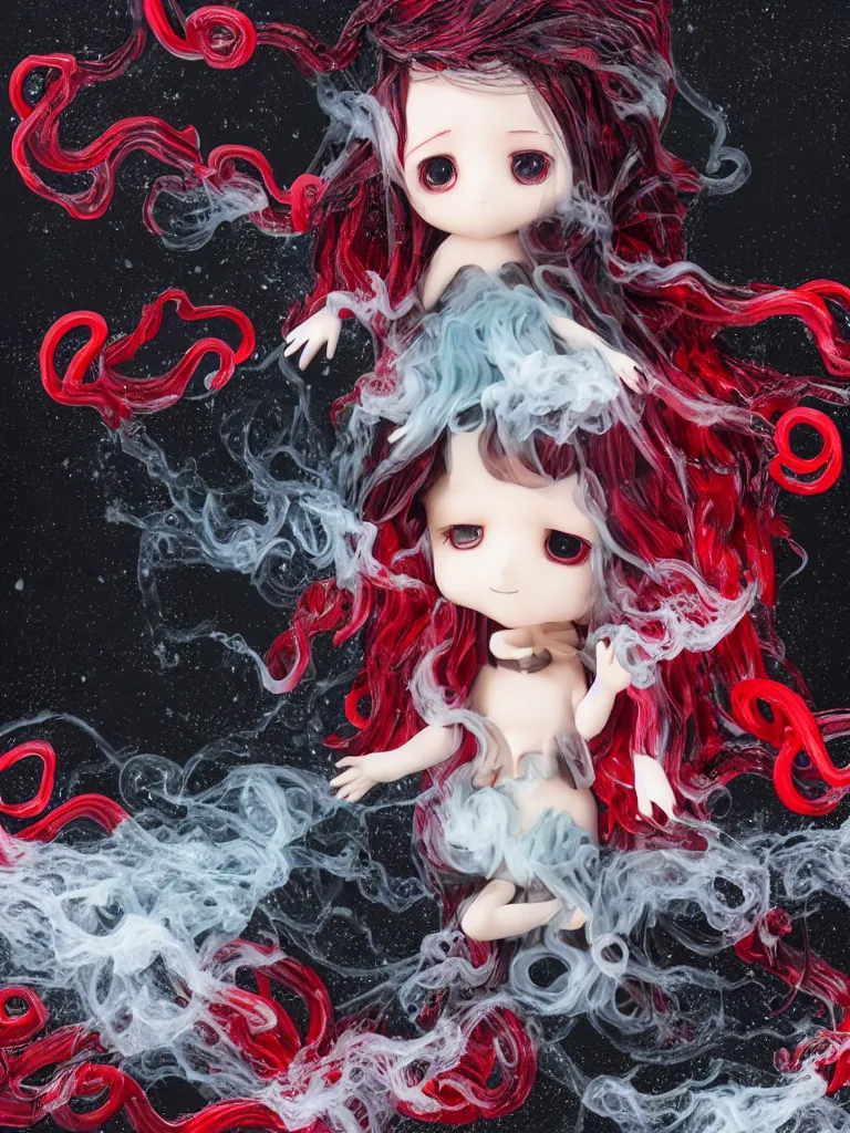 Prompt: cute fumo plush chibi gothic translucent octopus maiden alien girl washing her hair in the waves of the wavering dark galactic abyss, black and red ruffled intricate dress with ribbons, ocean wave thunderstorm and reflective splashing water, wisps of smoke and haze and volumetric fog, black and white, ocean simulation, vignette, vray