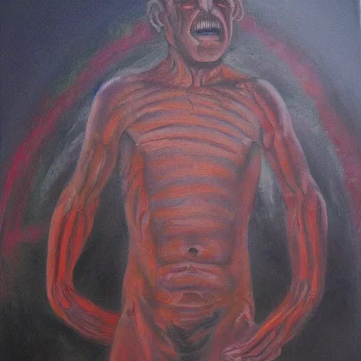 Prompt: Man arising from the ninth circle of hell. Oil painting.