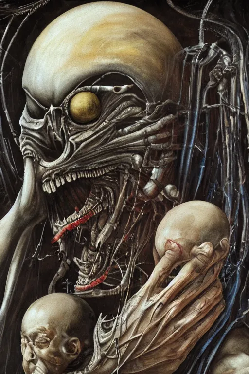 Image similar to saturn devouring his son painted in the syle of giger, giger art, wall painting, extremely detailed, 4 k