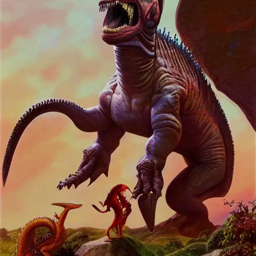 Image similar to Dua Lipa riding a dinosaur playing a keytar, painted by Boris Vallejo 1990, hyper realistic, artstation