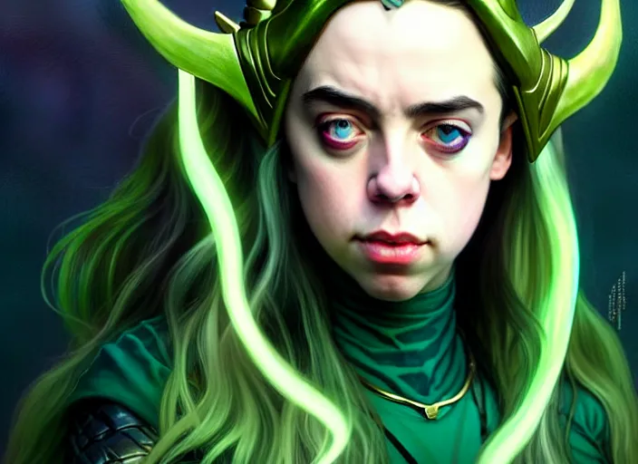 Image similar to Billie Eilish as Female Loki, very detailed, digital art, trending on artstation, concept art, smooth, illustration, art by artgerm and greg rutkowski and alphonse mucha and J. C. Leyendecker and Edmund Blair Leighton and Katsuhiro Otomo and Geof Darrow and Phil hale and Ashley wood