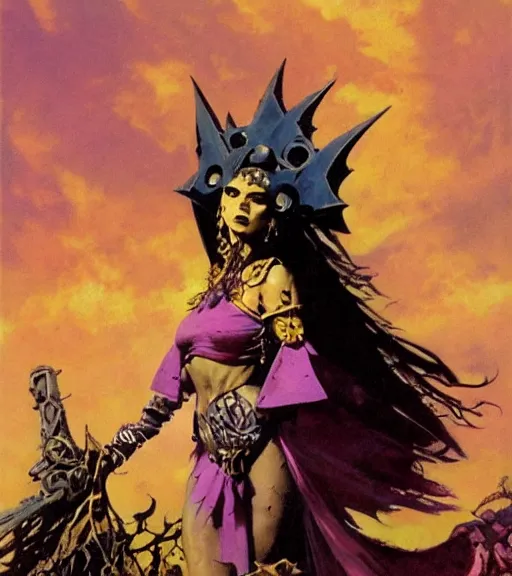 Image similar to evil princess of the wasteland, scrap metal headdress, strong line, deep color, yellow purple, cloudy sky, beautiful! coherent! by brom, by frank frazetta, low angle