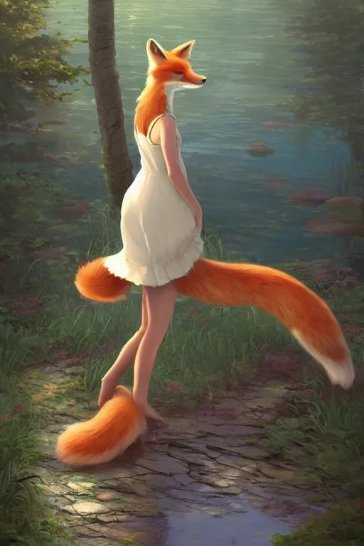 Image similar to an anthropomorphic fox girl wearing a simple sundress, she has a fluffy tail and two pointed ears, beautiful lake background, illustration by greg rutkowski, thomas kindkade, loish, artstation, furaffinity, deviantart