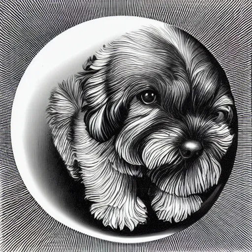 Image similar to self portrait of a havanese dog reflecting into a chrome sphere held by a dog's paw, pen on paper, by mc escher