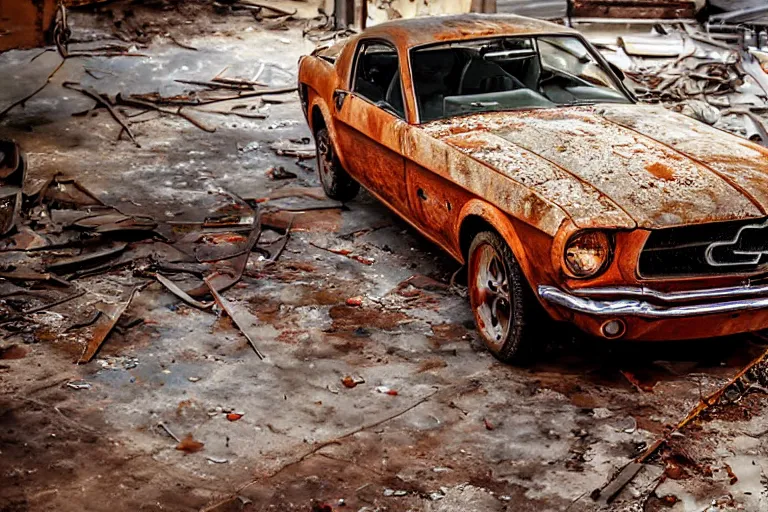 Image similar to A closeup of a rusty old mustang in an abandoned big workshop, sun lighting from above, taken with a Leica camera, overgrown foliage, ambient lighting, bokeh, sunset time, highly detailed art