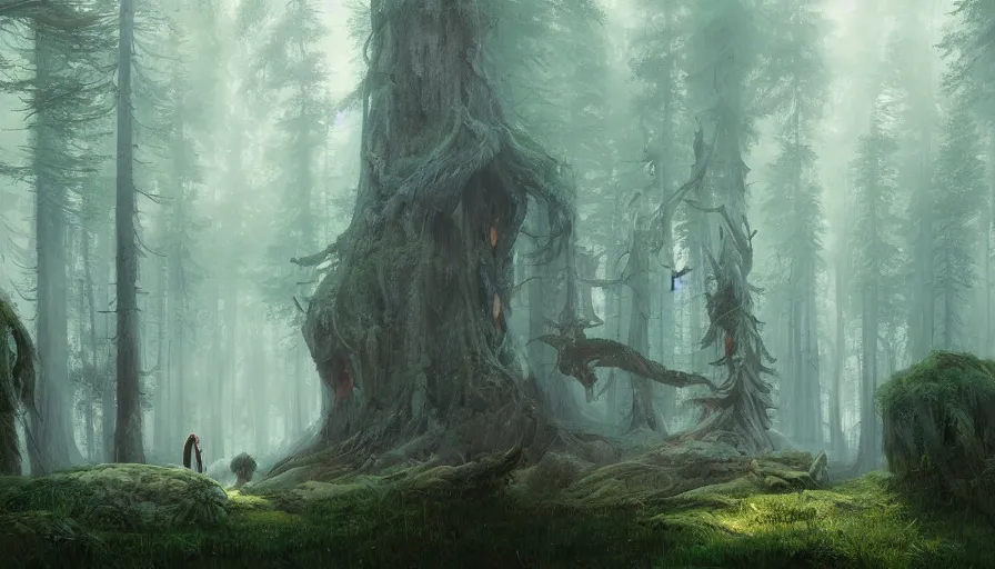 Image similar to beautiful ancient forest, matte painting, beautifully painted, beautiful lighting, enchanted forest, jeremy lipking, studio ghibli, princess mononoke