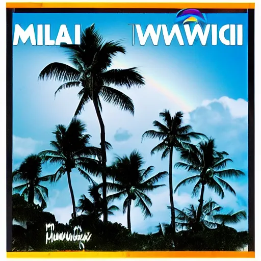 Image similar to miracle musical Hawaii part ii album cover, showing an ocean in the background, spiral transparent stairs on the left with tall palm trees behind it, a slight rainbow in the background, white outline border, moon in the right top area black and white except for the rainbow album cover