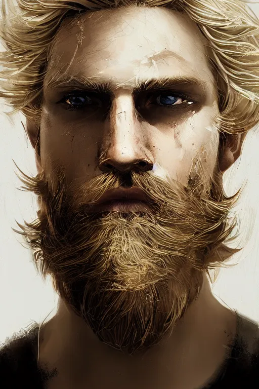 Image similar to blonde wild hair beard man, black eye - patch, close - up portrait, plain white tshirt, powerfull, intricate, elegant, volumetric lighting, scenery, digital painting, highly detailed, artstation, sharp focus, illustration, concept art, ruan jia, steve mccurry