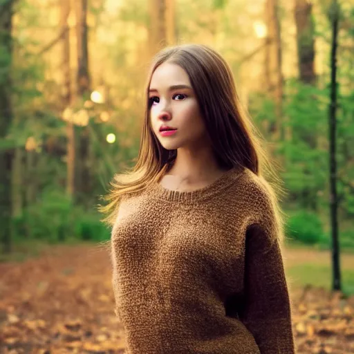 Image similar to real life photo of a beautiful girl, full body photoshoot, long brown hair, brown eyes, full round face, short smile, belly free, brown sweater, forest setting, cinematic lightning, medium shot, mid - shot, highly detailed, trending on artstation, unreal engine 4 k, 8 0 mm, 8 5 mm, cinematic wallpaper