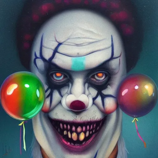 Image similar to creepy clown with colourful marbles and balloons, realistic, by Anato Finnstark, Tom Bagshaw, Brom