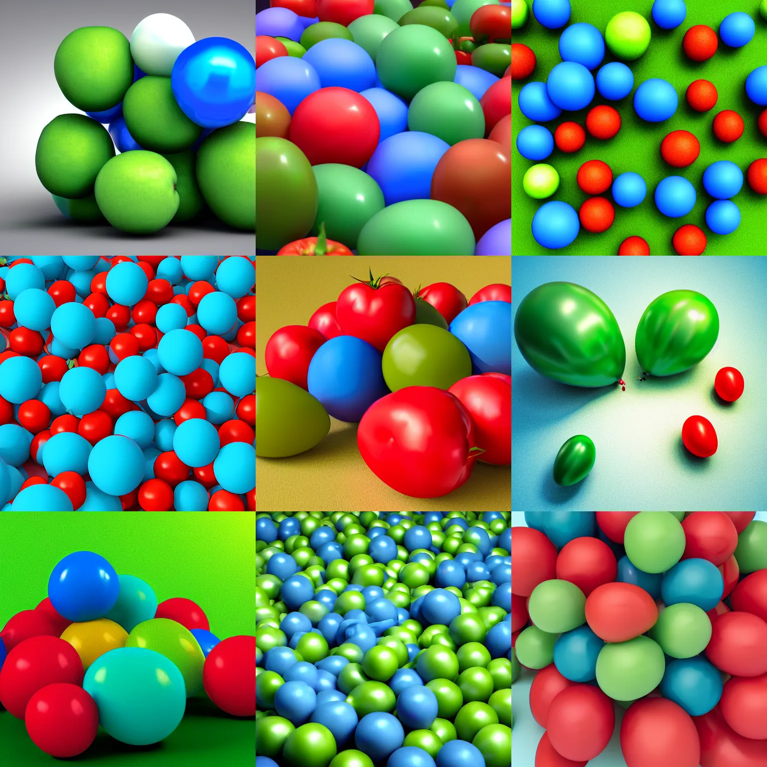 Prompt: 3D raytrace render of a pile of tomatoes and blue ballons in a green room