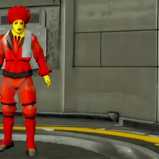 Image similar to image of ronald mcdonald, white face, red afro, red nose and yellow outfit as an enemy in metal gear solid 1 video game, with low poly playstation 1 graphics, upscaled to high resolution