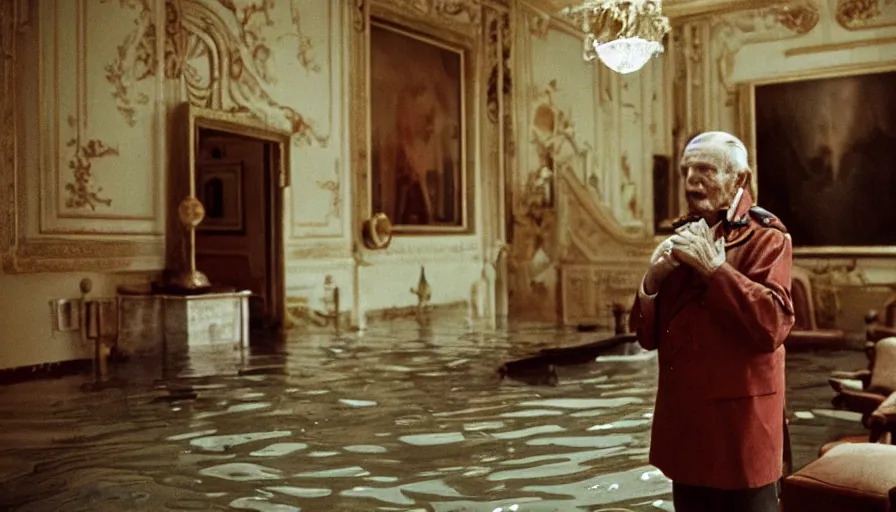 Image similar to 7 0 s movie still of an old manstanding in a soviet stalinist style palace flooded in blood, eastmancolor, heavy grain, high quality, high detail