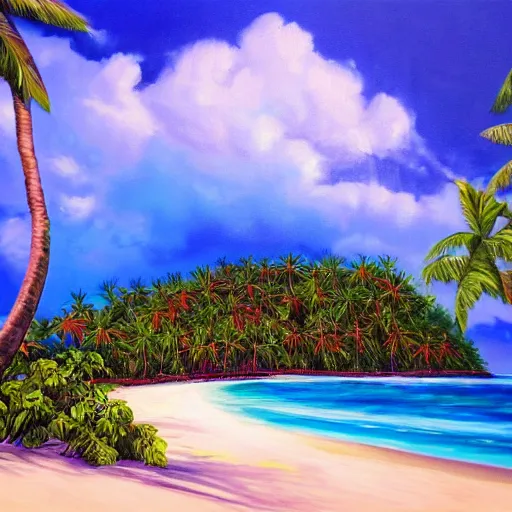 Prompt: an extremely beautiful ultra - realistic painting of a tropical island paradise with sunlight shining through vines, white sand, turquoise water, lagoons, warm, palm trees, exotic birds, peaceful, green forest, turtles, forgotten paradise, 4 k, award winning