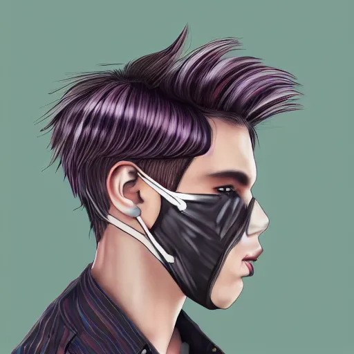 Prompt: professional digital art of a stylish young adult man with short dyed hair, a black face mask, earrings, and striped clothes, high quality, HD, 8K, highly detailed, award-winning, sci-fi, fantasy, movie character, dark purple clouds