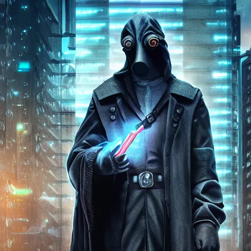Prompt: cyberpunk inspired plague doctor hacking, 4 k, stunning, shifted angle