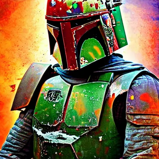 Image similar to Digital Art On Boba Fett, 8k, exquisite detail, by Christian Alzmann, Christian Alzmann art, Explosions, Colorful