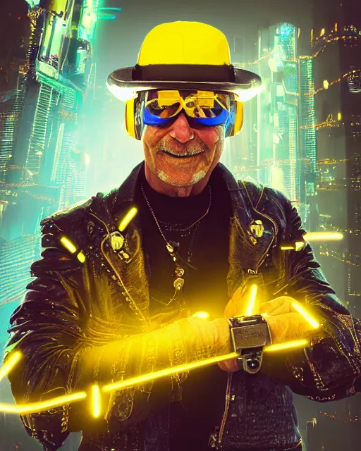 Prompt: an intimate portrait of a gnarly human cyberpunk captain, old skin, faded fedora, charming, strong leader, visor, a look of cunning, big smile, detailed matte fantasy painting, golden cityscape, lasers, chains, sparks, yellow and blue and cyan