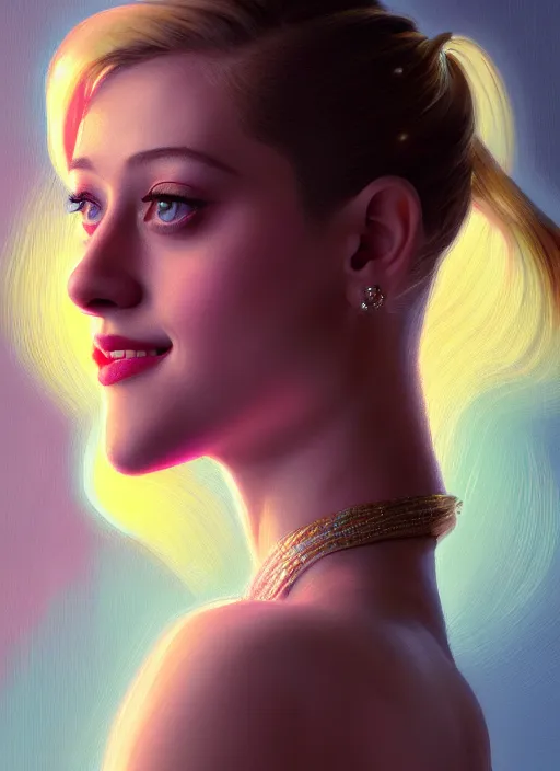 Image similar to portrait of lili reinhart, smiling kindly, bangs, 1 9 6 0 s, ponytail, bangs and ponytail, intricate, elegant, glowing lights, highly detailed, digital painting, artstation, concept art, smooth, sharp focus, illustration, art by wlop, mars ravelo and greg rutkowski