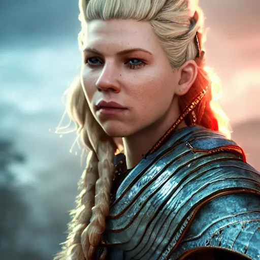 Image similar to portrait art of lagertha, 8 k ultra realistic, lens flare, atmosphere, glow, detailed, intricate, full of colour, cinematic lighting, trending on artstation, 4 k, hyperrealistic, focused, extreme details, unreal engine 5, cinematic, masterpiece