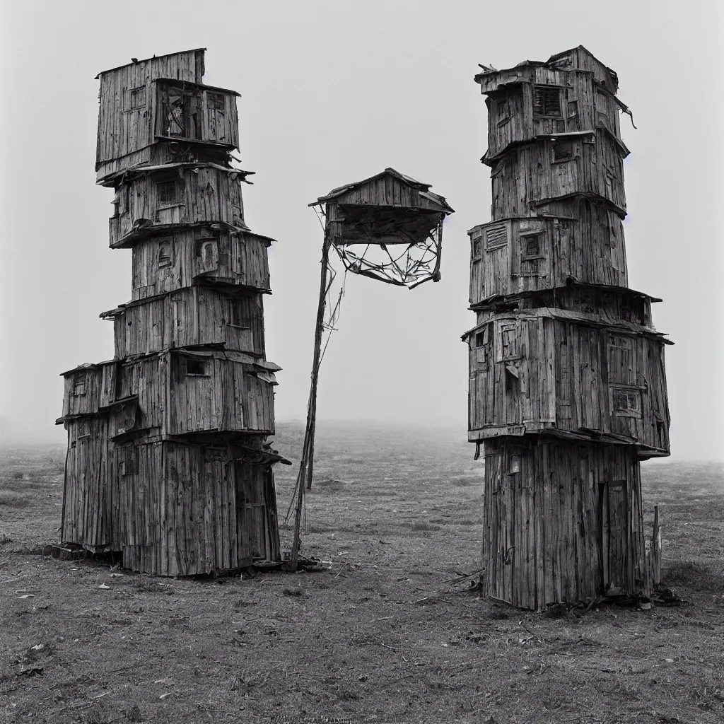 Prompt: two round towers, made up of makeshift squatter shacks, misty, dystopia, mamiya rb 6 7, fully frontal view, very detailed, photographed by ansel adams