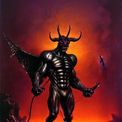 Image similar to demon with purple chestplate and black armor, muscles, balrog, beksinski