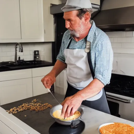 Image similar to middle aged white man making tacos in a big kitchen