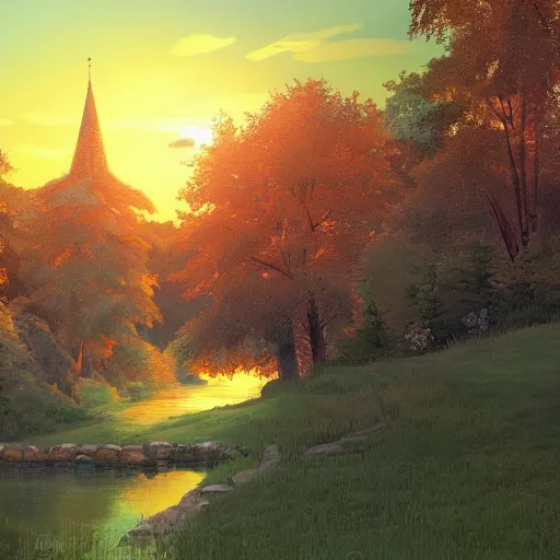 Image similar to a masterpiece detailed beautiful russian village, trees, lake, mountains, golden hour, sunset, by Makoto Shinkai