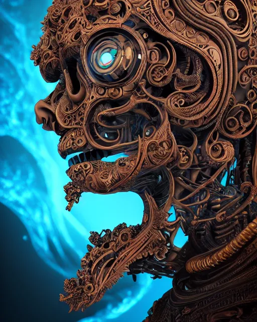 Prompt: 3 d ornate carved robot with tattoos profile portrait, sigma 5 0 0 mm f / 5. beautiful intricate highly detailed skull. bioluminescent, plasma, lava, ice, water, wind, creature, thunderstorm! artwork by tooth wu and wlop and beeple and greg rutkowski, 8 k trending on artstation