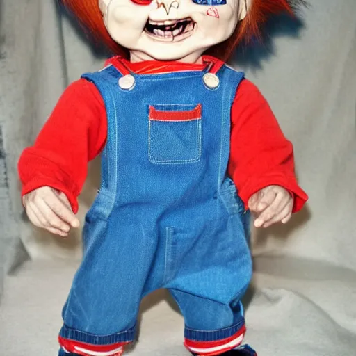 Prompt: Chucky the red head evil doll wearing blue overalls and a rainbow stripped shirt