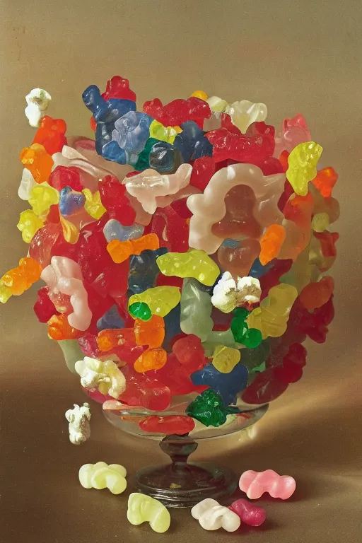 Prompt: still life of a bouquet of soft gummy bears and jelly beans in the shape of different gummy flowers, delicious rubbery transparent translucent squishy gummy sweets, soft gummy light, highly detailed, close up, northern renaissance