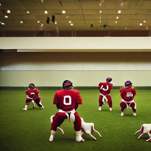 Prompt: football team of cows playing in a hospital as directed by wes anderson