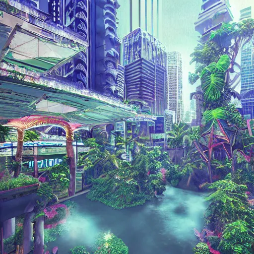 Prompt: vaporwave jungle city, digital art, cosmic, 3 d high definition, trending on art station, photorealistic, high resolution, v 8 k, octane, hyper detailed, insane details, intricate, elite, ornate, elegant trend, highly detailed and intricate, sharp focus, photography, unreal engine