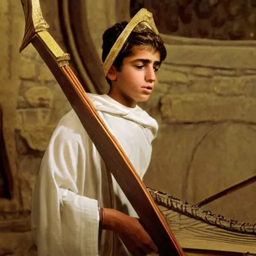 Prompt: handsome 17 year old middle-eastern skinned boy in a Biblical outfit playing an ancient harp, lyre. Tranquil, cinematic lighting, directed by Steven Spielberg