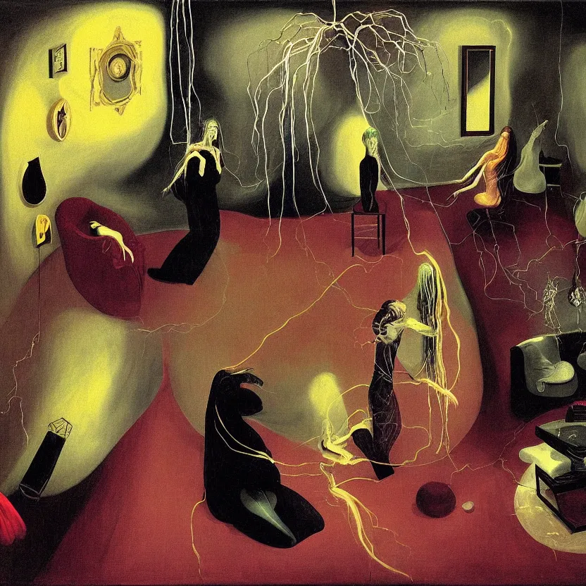 Prompt: One man and one woman attached by love in a living room of a house, floating dark energy surrounds the middle of the room. There is one living room plant to the side of the room, surrounded by a background of dark cyber mystic alchemical transmutation heavenless realm, cover artwork by francis bacon and Jenny seville, by Remedios Varo and Anato Finnstark and Greg Rutkowski and Andy Warhol, dayglo pink, dayglo blue, prismatic, pearlescent white, raven black, hyperrealism, 8k, trending on ArtStation, rendered in Octane, rendered in Unreal engine, award winning, volumetric lighting