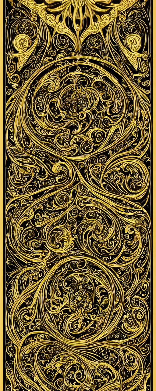 Image similar to decorative border, art nouveau gilded swirls and spirals, perfect symmetry, black background, trending on cgsociety